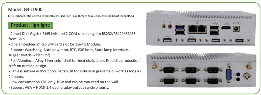 EGSMTPC Low Energy Consumption Mini PC Intel Celeron J1900 2LAN 6COM 2Displays Fanless PC(图2)